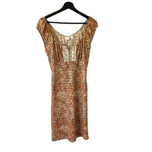 Vintage 90s Tan Cream Cheetah Floral Print Short Sleeve Knee Length Dress Large